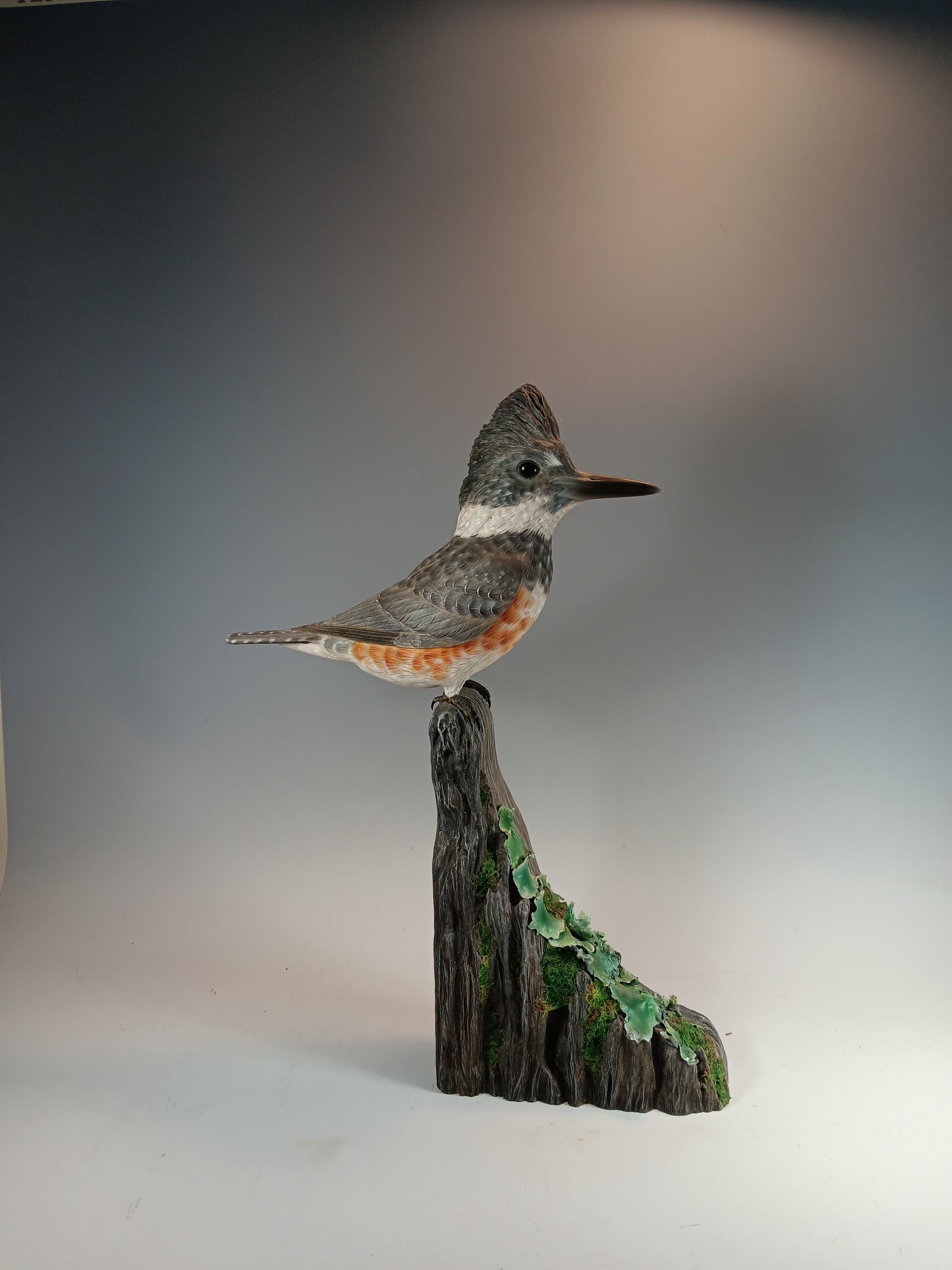 Belted Kingfisher (Driftwood Base) — hand carved wildfowl sculpture by Edward H. Legg