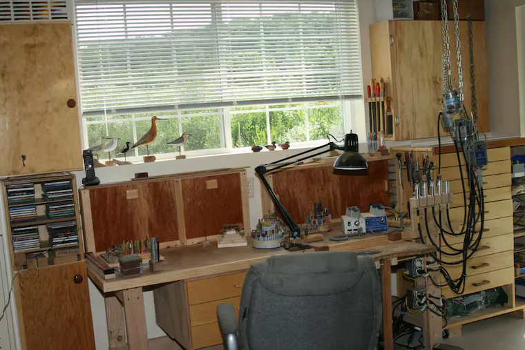 Ed Legg's carving workshop — tools and workspace